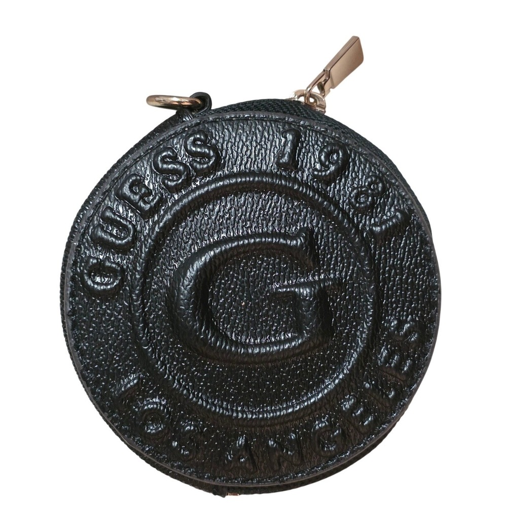 GUESS 1981 Los Angeles Black Faux Leather Round Coin Purse Embossed G Logo Pouch